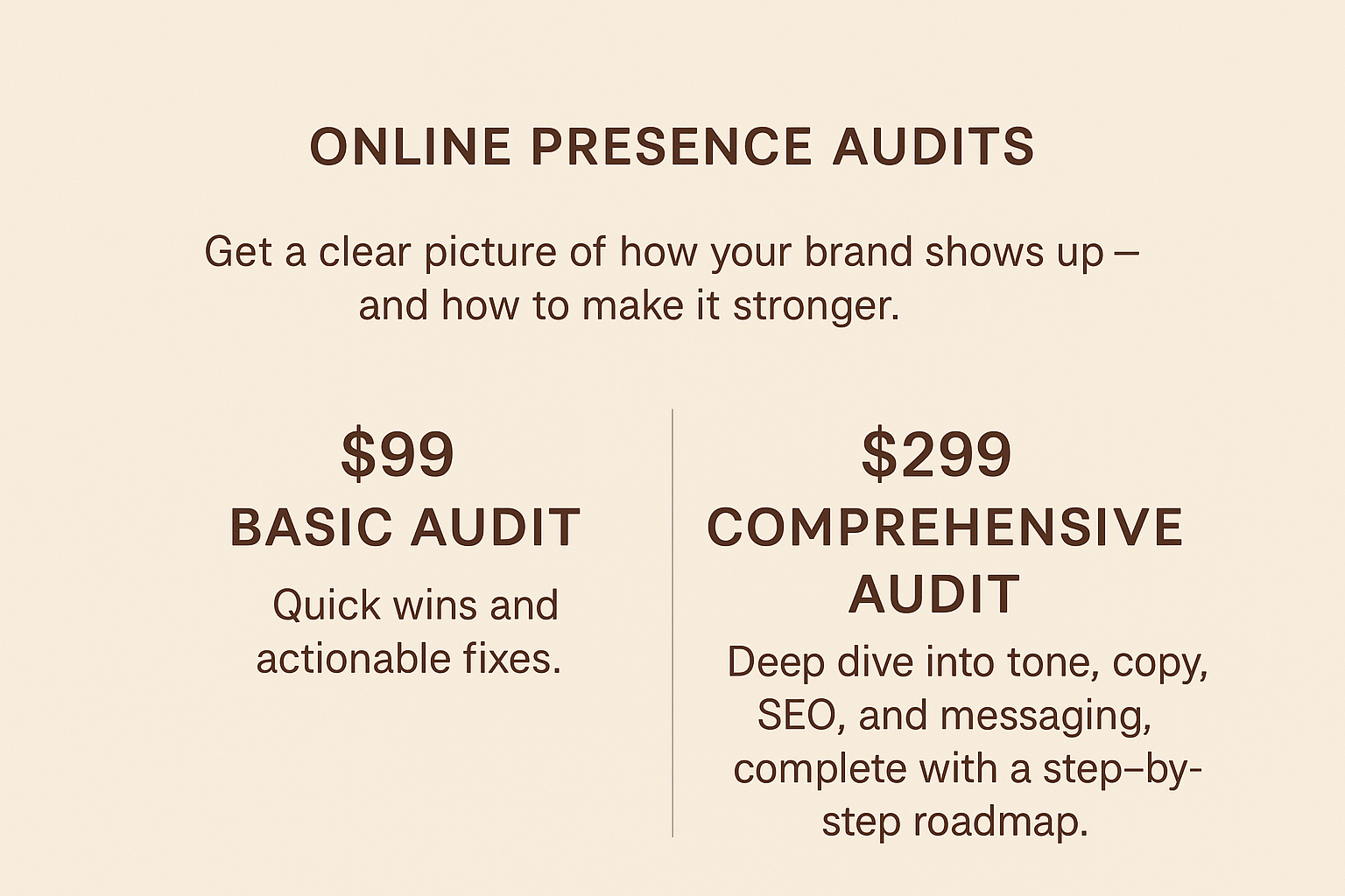 JSMS services and pricing: $99 Basic Online Presence Audit with quick wins and notes, $299 Comprehensive Audit with full brand analysis and roadmap.